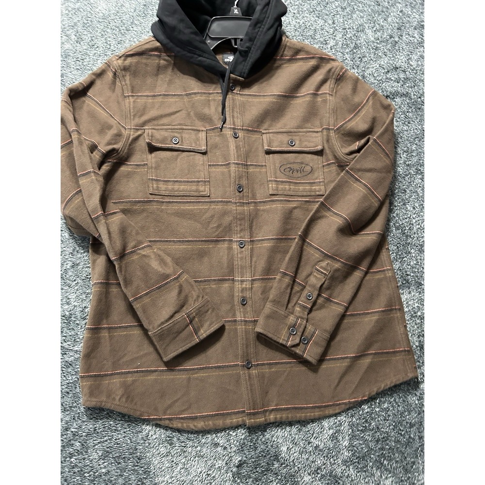 O'Neill Archer Hooded Flannel Men's XL Brown Striped Button Up (R2)